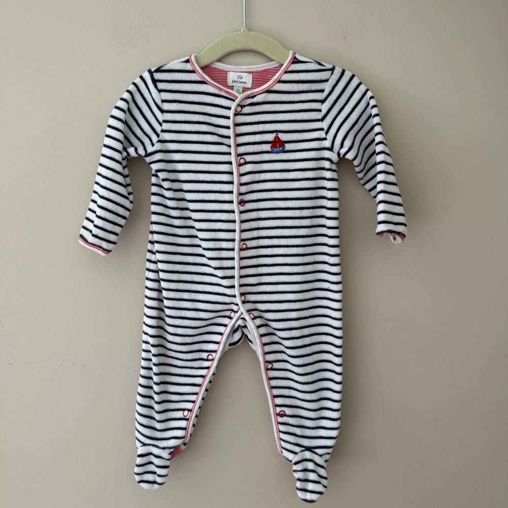 John Lewis Baby Striped Sailboat Sleepsuit Navy White Red 3-6 Months‎ Footie
